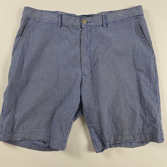 Vintage Polo Ralph Lauren Prospect Seersucker Check Shorts Men's 35 Blue White - Picture 1 of 12